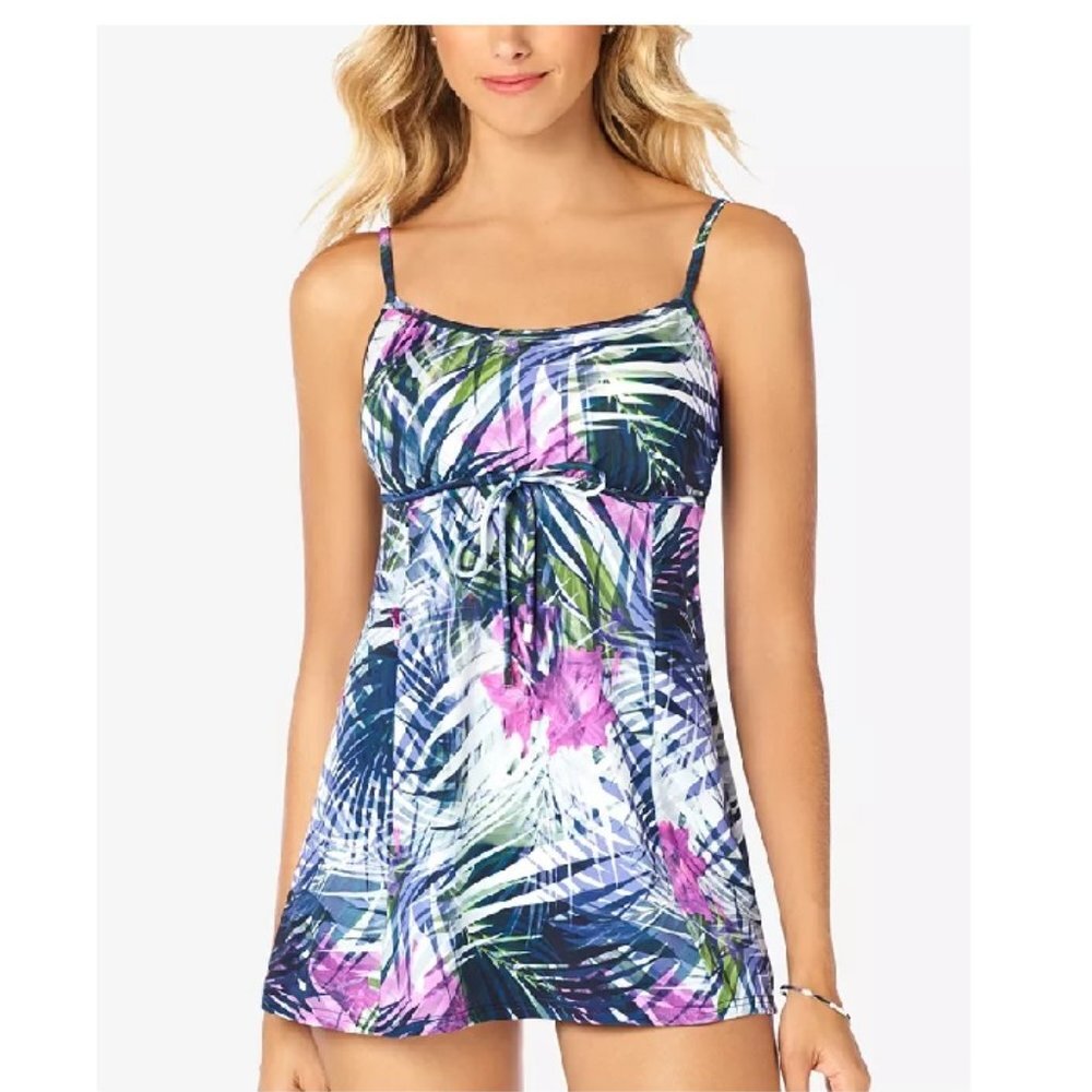 Swim Solutions Empire-Waist Printed Swimdress